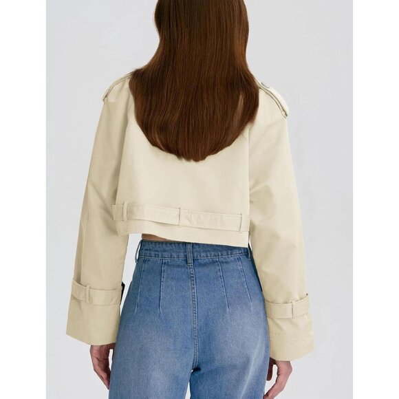 Women's Cropped Bike Jacket Casual Double Breasted Trench Coat with Belt Beige - Picture 4 of 6